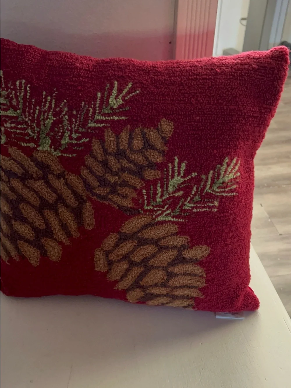 Red Pinecone Accent Pillow with Evergreen Motif